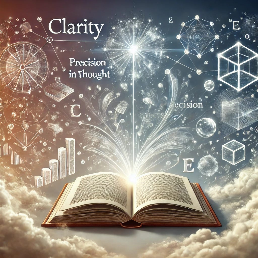 A visual representation of clarity in writing, precision in thought, and intellectual rigor. The image features an open book with crisp, clear text glowing from the pages, symbolizing clarity. Above the book, interconnected geometric shapes, like cubes and spheres, represent precision and structured thinking. Surrounding the book and shapes, soft, chaotic clouds or tangled lines fade away, symbolizing the dissipation of unclear thought. The background is a soft gradient, moving from darker, more chaotic tones to light, clean colors, emphasizing the transition to clarity and rigor.