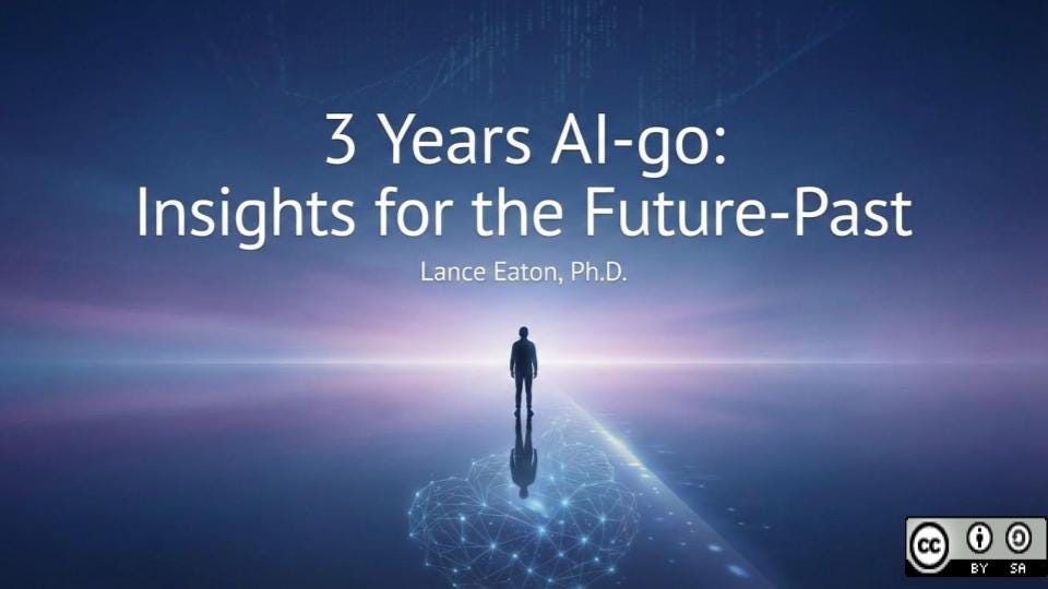A title slide reads “3 Years AI-go: Insights for the Future-Past” with “Lance Eaton, Ph.D.” centered beneath it. A lone silhouetted figure stands on a reflective surface that transitions into a glowing network pattern, suggesting digital connectivity, while a soft blue and purple horizon radiates light in the distance. The composition evokes reflection and forward-looking analysis, blending human presence with abstract technological imagery; Creative Commons icons appear in the lower right corner.