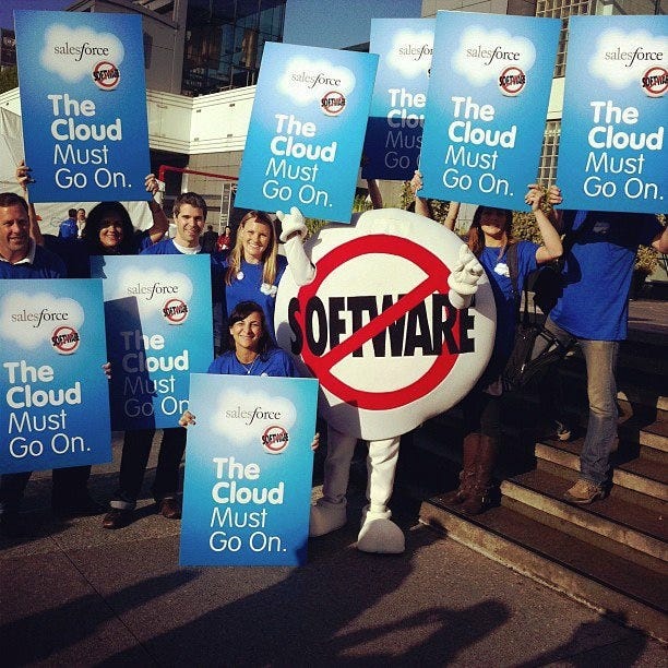 Salesforce was the OG in viral marketing. In 1999, the company coined the  phrase "End of Software" with the advent of SaaS. It then held an "anti- software" protest at a competitor's customer