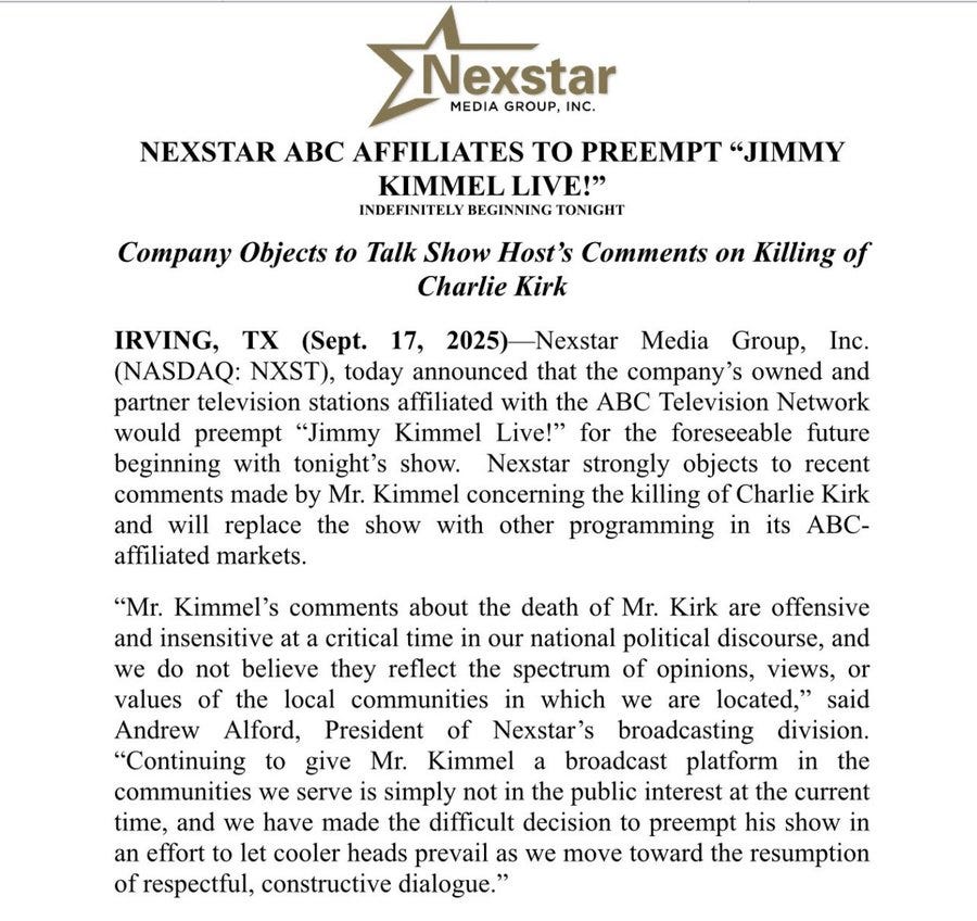 A logo with a star and the text "Nexstar MEDIA GROUP, INC." above it. Below, text reads "NEXSTAR ABC AFFILIATES TO PREEMPT 'JIMMY KIMMEL LIVE!' INDEFINITELY BEGINNING TONIGHT" and "Company Objects to Talk Show Host’s Comments on Killing of Charlie Kirk." Additional text includes "IRVING, TX (Sept. 17, 2025)—Nexstar Media Group, Inc. (NASDAQ: NXST), today announced that the company’s owned and partner television stations affiliated with the ABC Television Network would preempt 'Jimmy Kimmel Live!' for the foreseeable future beginning with tonight’s show."