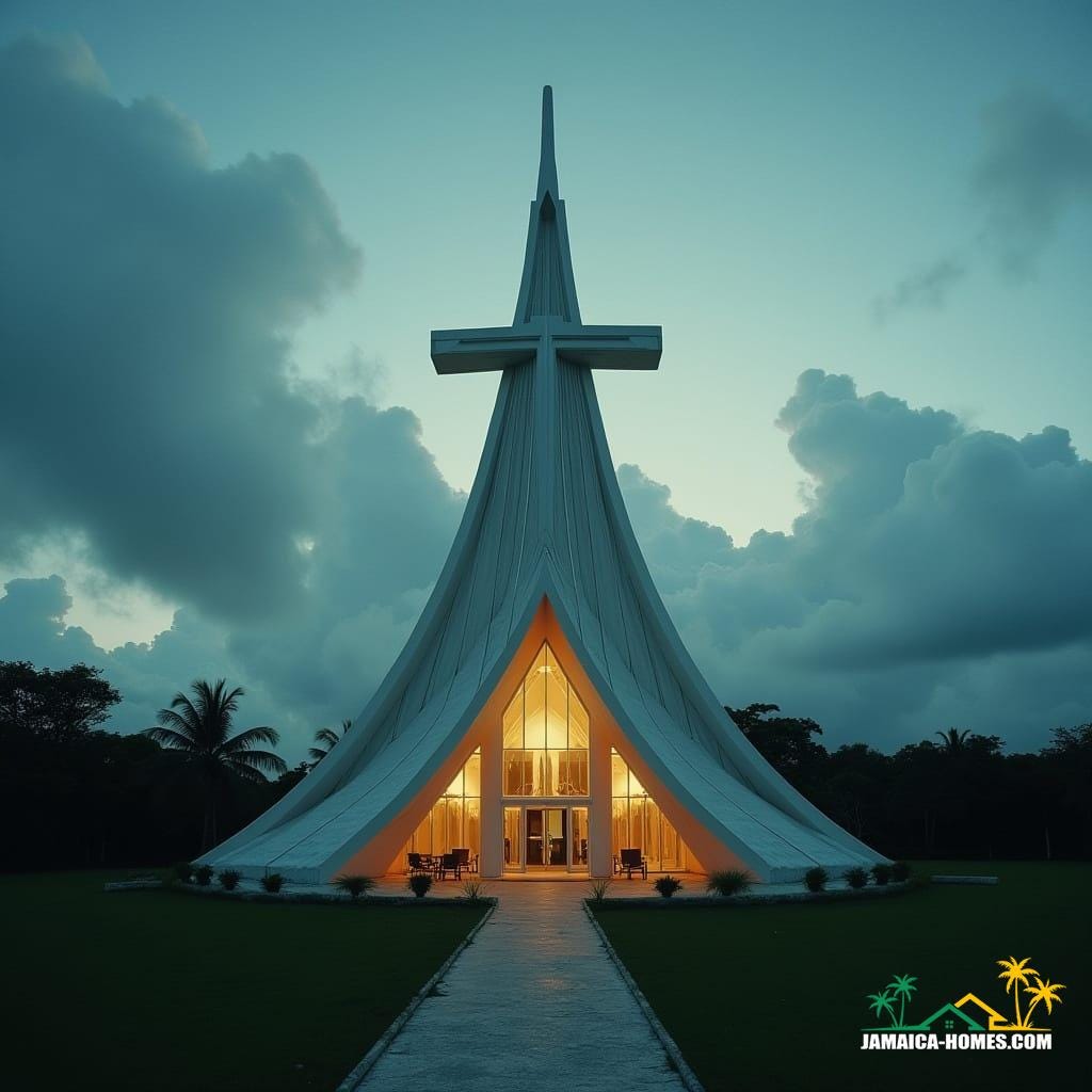 A modern church building in Jamaica, Caribbean, architecturally sculpted into the distinct shape of a Christian cross.
