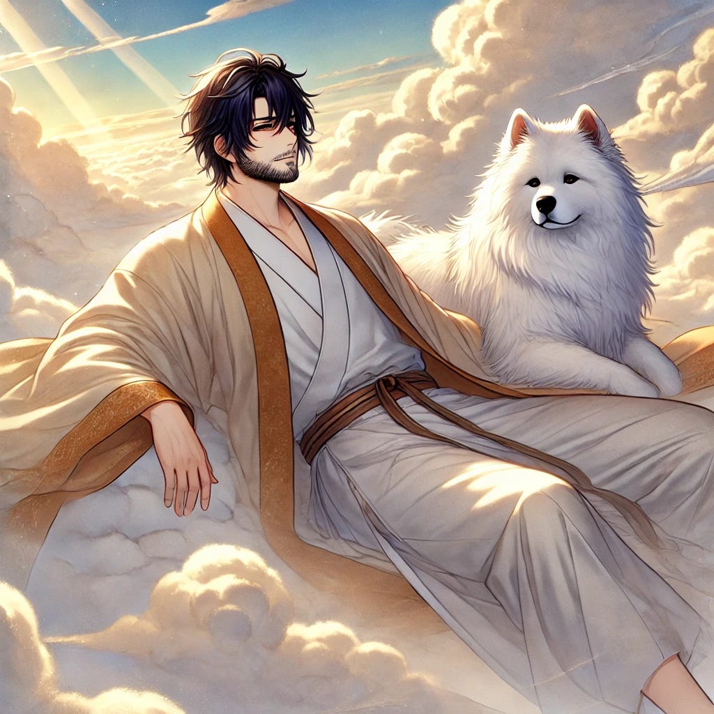 The man with dark hair and a beard and his Samoyed dog are in the sky, self-actualizing. The man is dressed in flowing robes, floating peacefully with a serene expression, while the dog is next to him, looking equally tranquil. The sky around them is filled with ethereal clouds and a soft, golden light. Both the man and the dog exude a sense of calm and enlightenment, as if they have reached a higher state of being. This scene is depicted in an anime style.