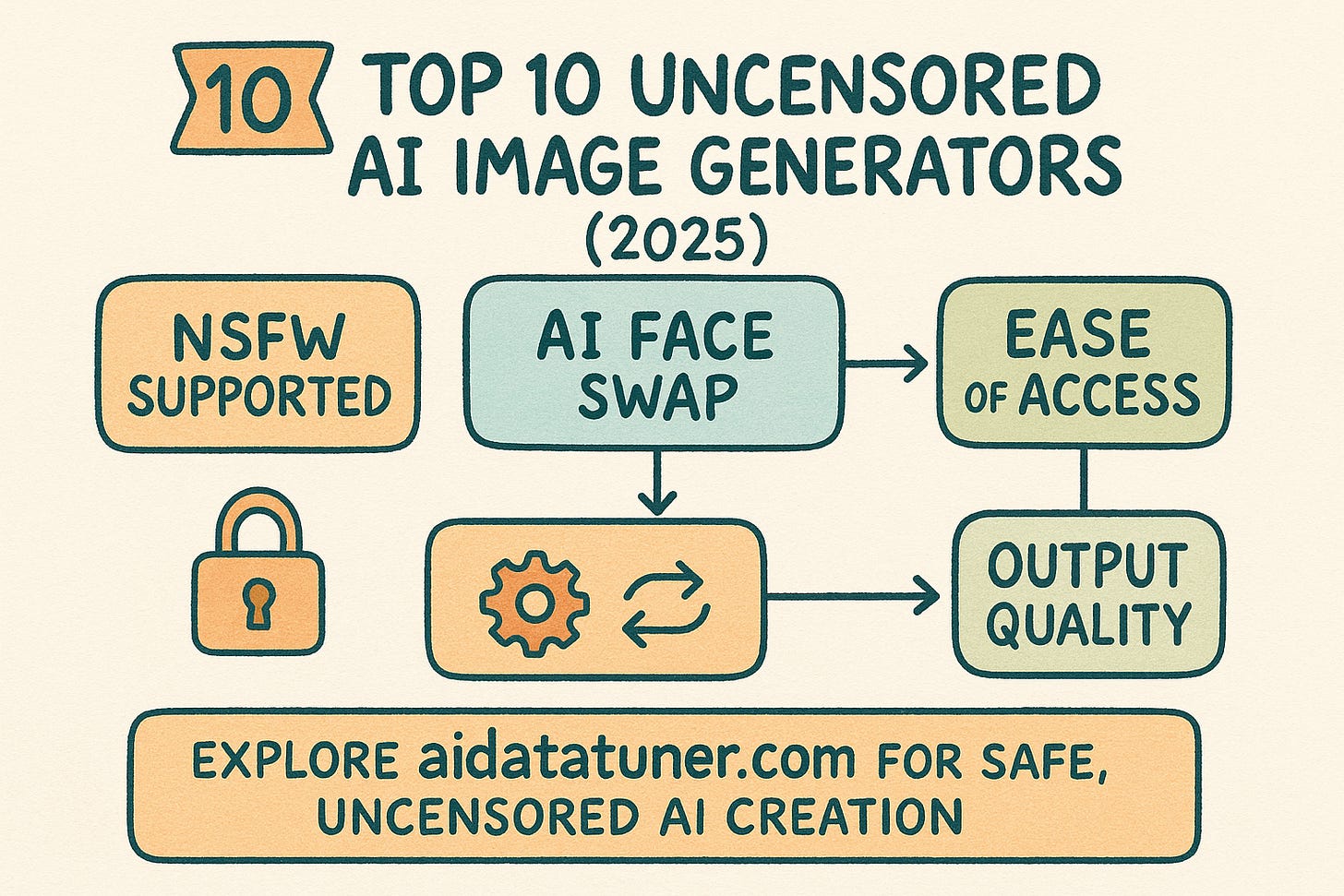An infographic guide to the top 10 uncensored AI image generators, showing icons for power, ease of use, and creative freedom.