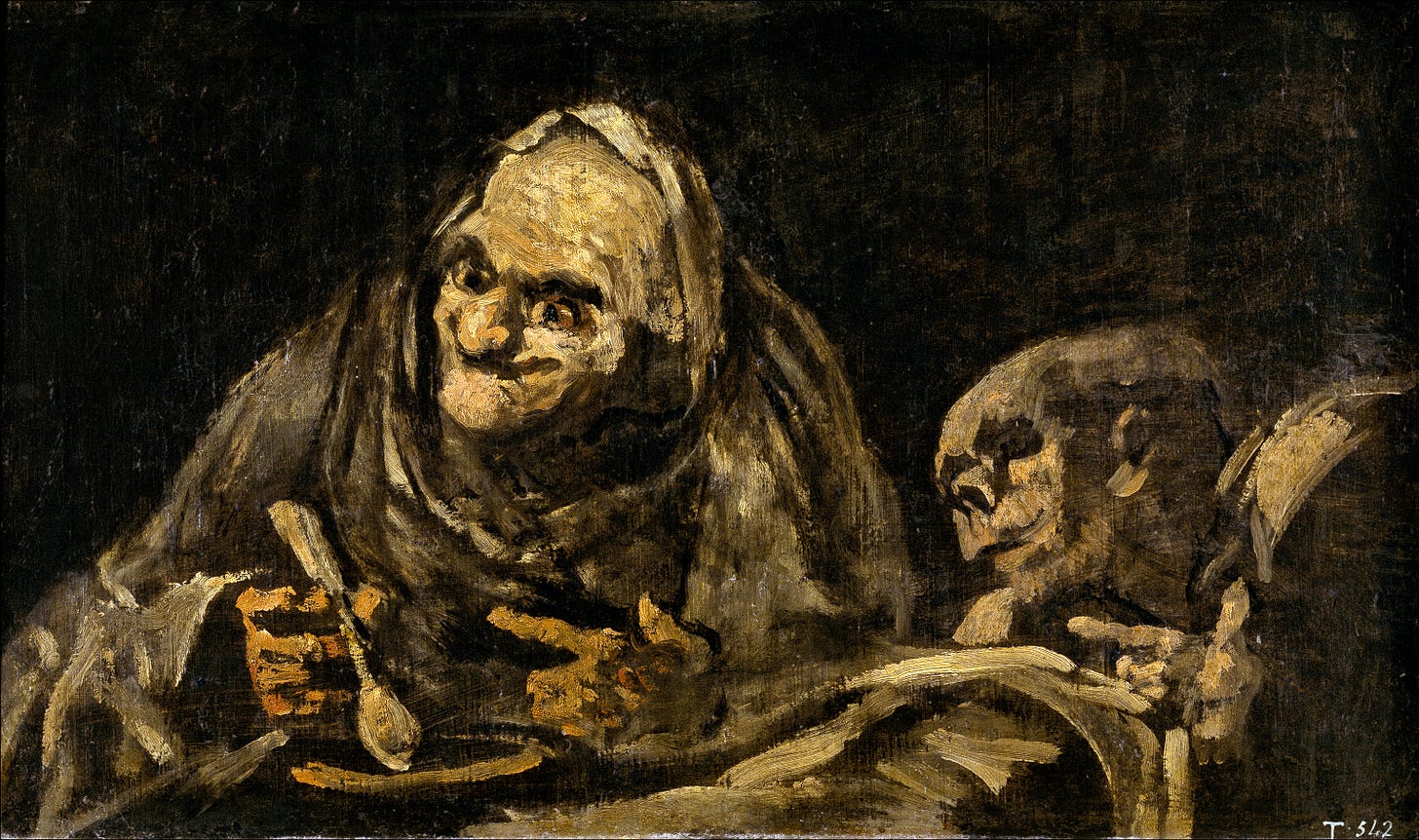 A painting of two elderly figures on a black background