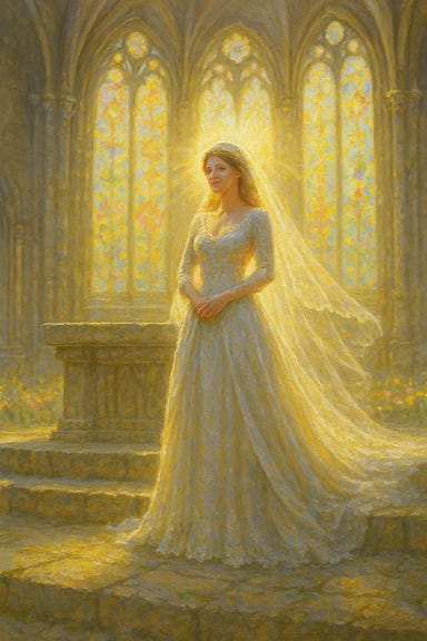 Ireena, visually inspired by Tatyana, stands at the altar of Castle Ravenloft on a bright spring day. The chapel is bathed in golden sunlight streaming through stained-glass windows, casting vibrant patterns across the stone floor. She wears a flowing gown of pale rose and ivory, embroidered with delicate floral motifs. Her hair is loosely braided with spring blossoms, and her expression is serene, hopeful. Outside, cherry blossoms drift past the open doors, and the air glows with warmth and promise. The atmosphere is dreamlike, romantic, and filled with anticipation.