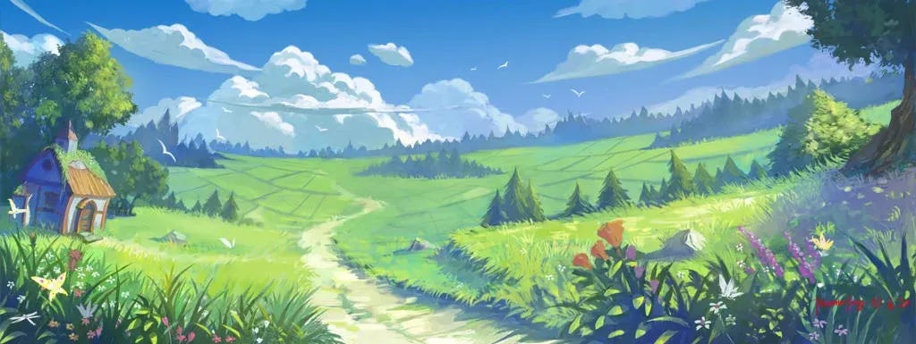 A vibrant animated landscape featuring rolling green hills, a small cottage, and a winding path through a meadow.