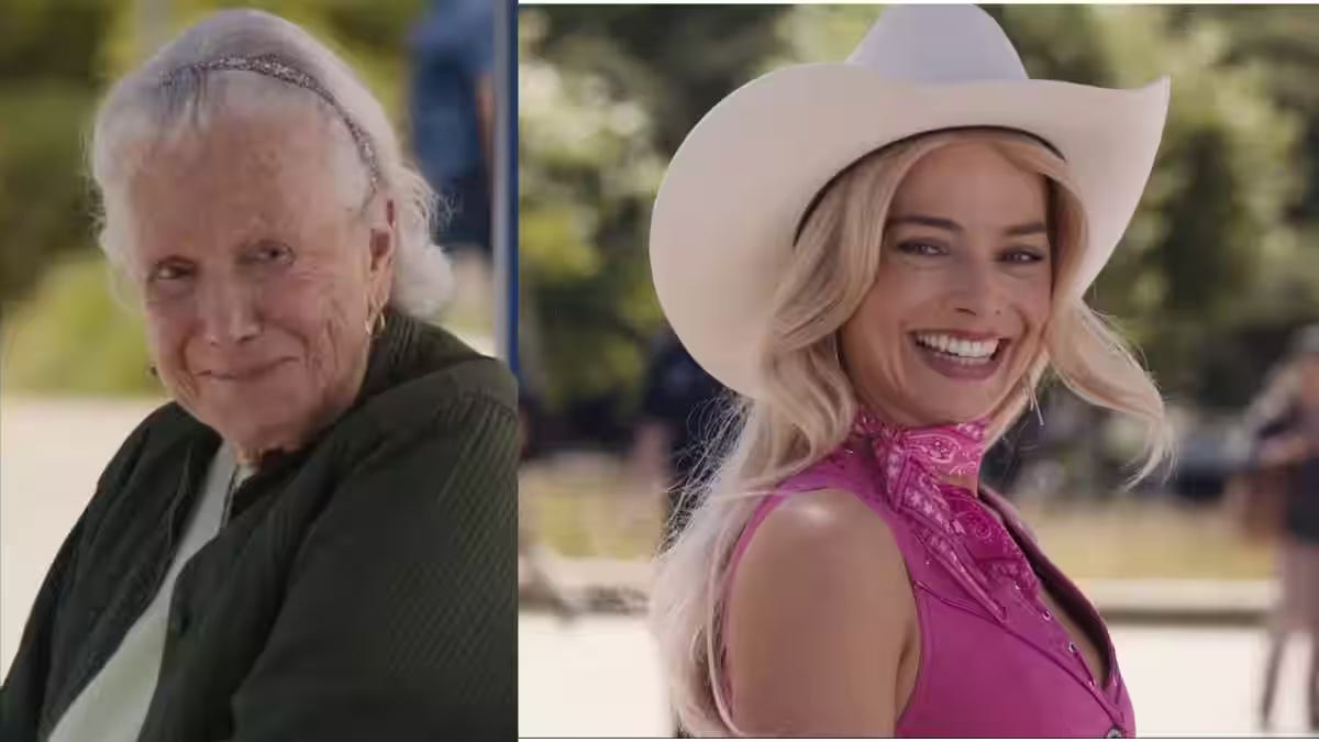 Old woman at bus stop in Barbie movie, with Barbie looking at her and crying but also smiling.