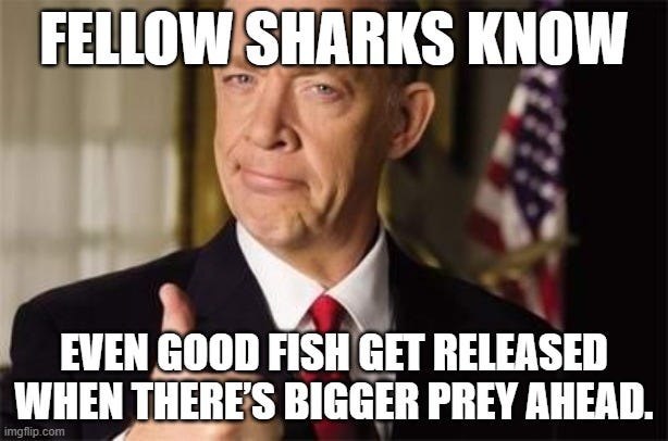 Beating the Tide investing meme showing confident investor with thumbs up and text ‘Fellow Sharks know even good fish get released when there’s bigger prey ahead,’ illustrating the Manulife (MFC) deep dive and smart portfolio rotation investment thesis