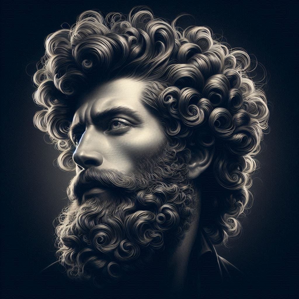 a head shot of a man whose hairstyle and beard resembles a lion's mane in the style of rousseau