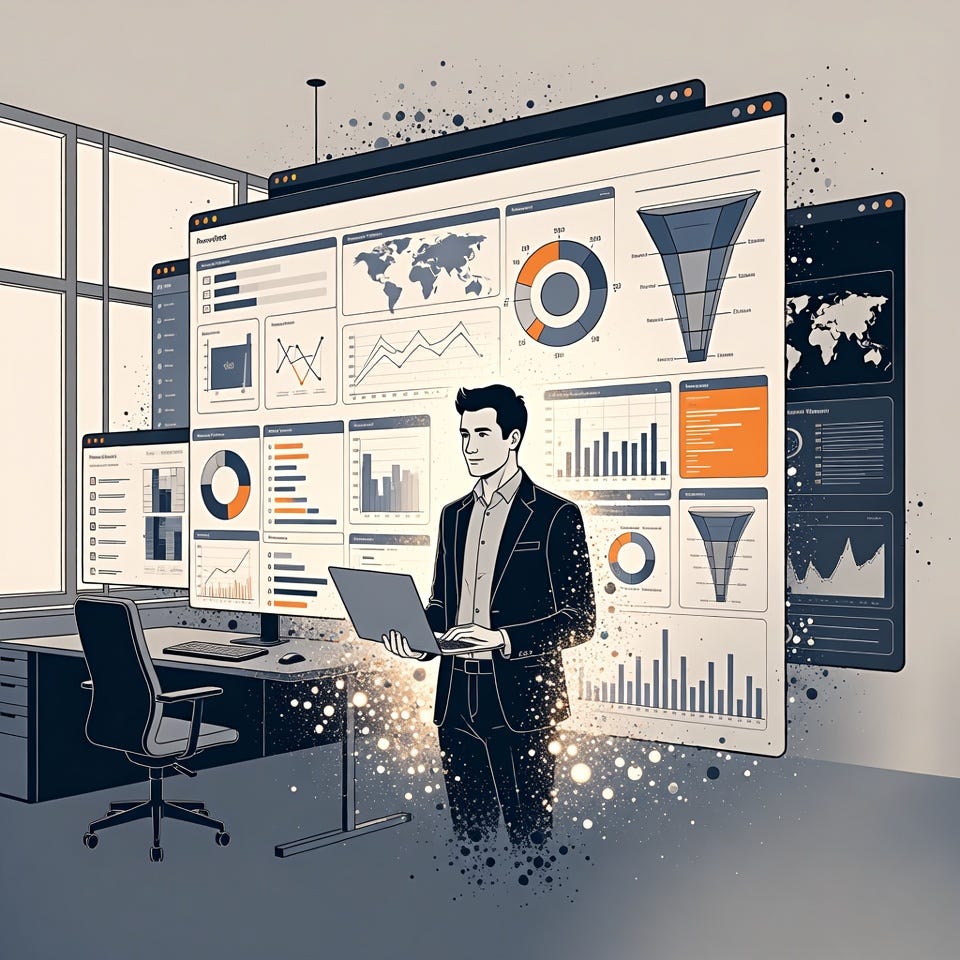 An editorial illustration of a person in a modern office with a dissolving corporate dashboard reforming around them.