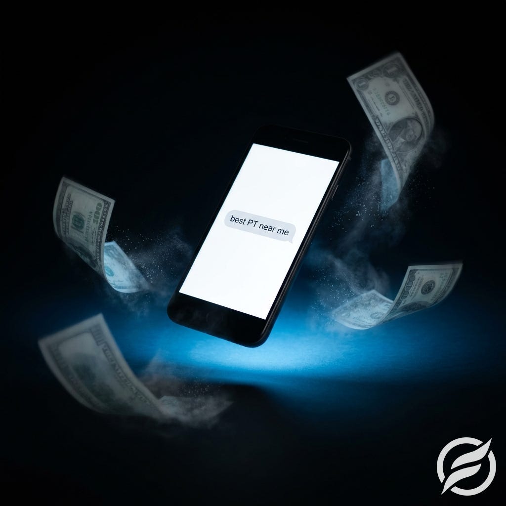 Smartphone showing best PT near me search with floating dollar bills ignored Smartphone showing best PT near me search with floating dollar bills ignored