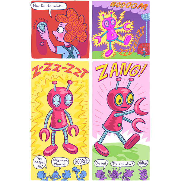 Marcia turns her weather machine to create a thunder storm and zaps the giant robot. At first the robot seems to be asleep but then it opens its eyes and starts marching towards the students. Zang!