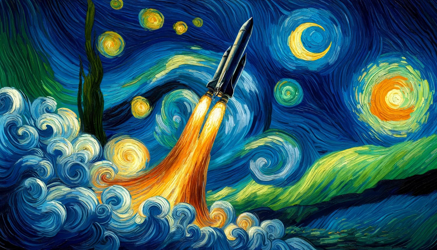 A painting in the style of Vincent van Gogh, depicting a rocketship achieving escape velocity. The rocketship is soaring upward with vibrant, swirling brushstrokes of blue, yellow, and orange illustrating the flames and smoke of powerful thrust. The Earth below is painted with van Gogh’s characteristic thick, dynamic strokes, showing green and blue with swirling clouds. The night sky above is filled with stars and a crescent moon, painted with his iconic starry night style. The overall effect is both scientifically accurate and artistically evocative, suitable for a scientific academic book.