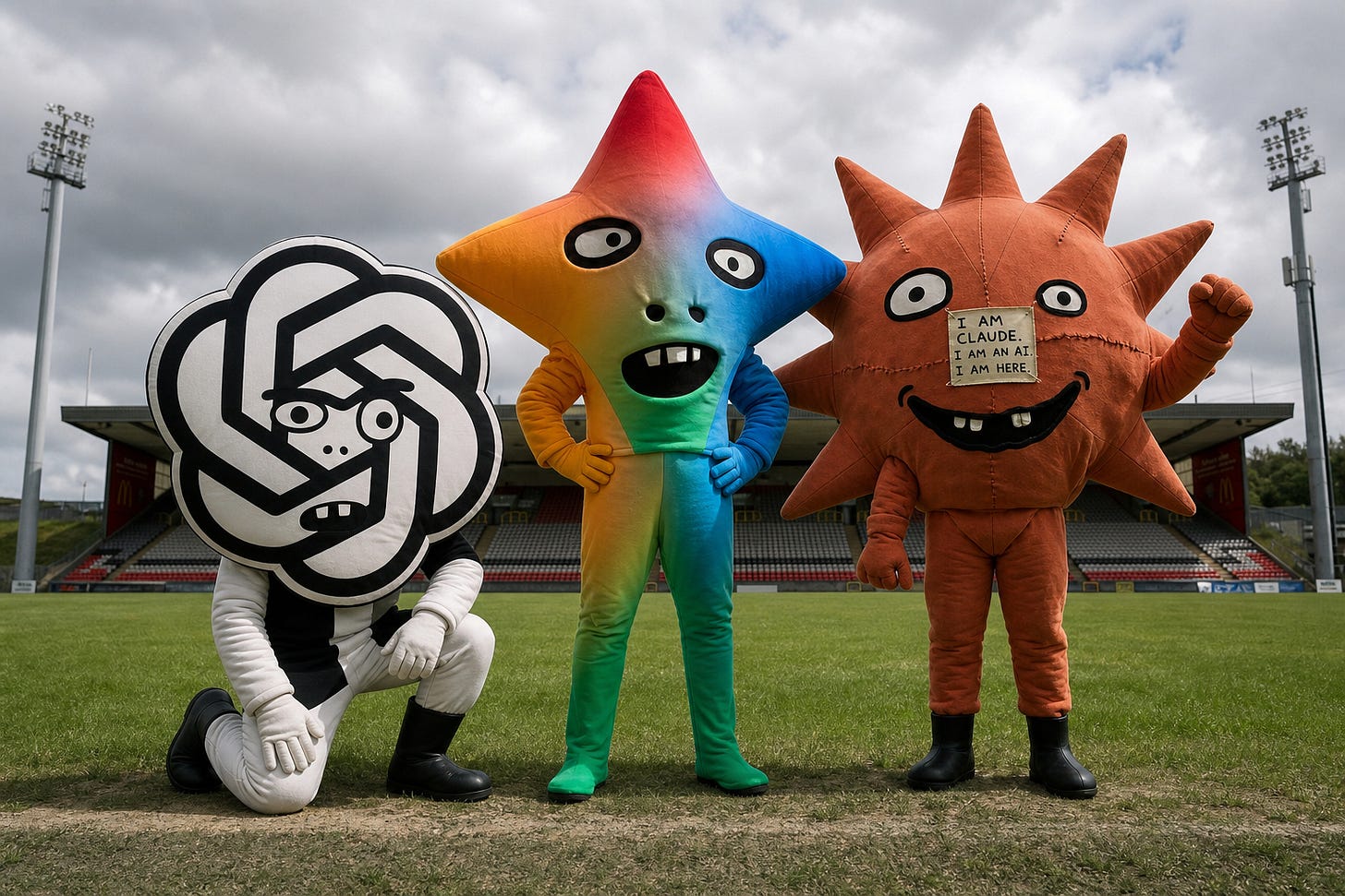 Three football mascots representing ChatGPT, Gemini, and Claude, inspired by David Shrigley