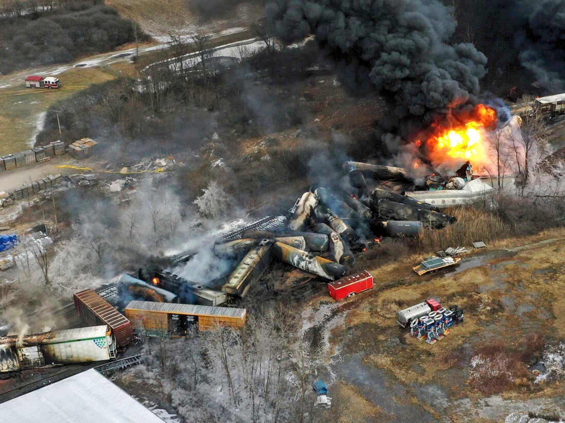 A photo of the "controlled burn" from the East Palestine railroad disaster, poisoning the local community with airborne hazards, making them deathly ill