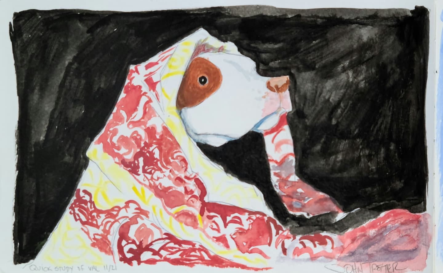 Watercolor of a dog under bed covers.