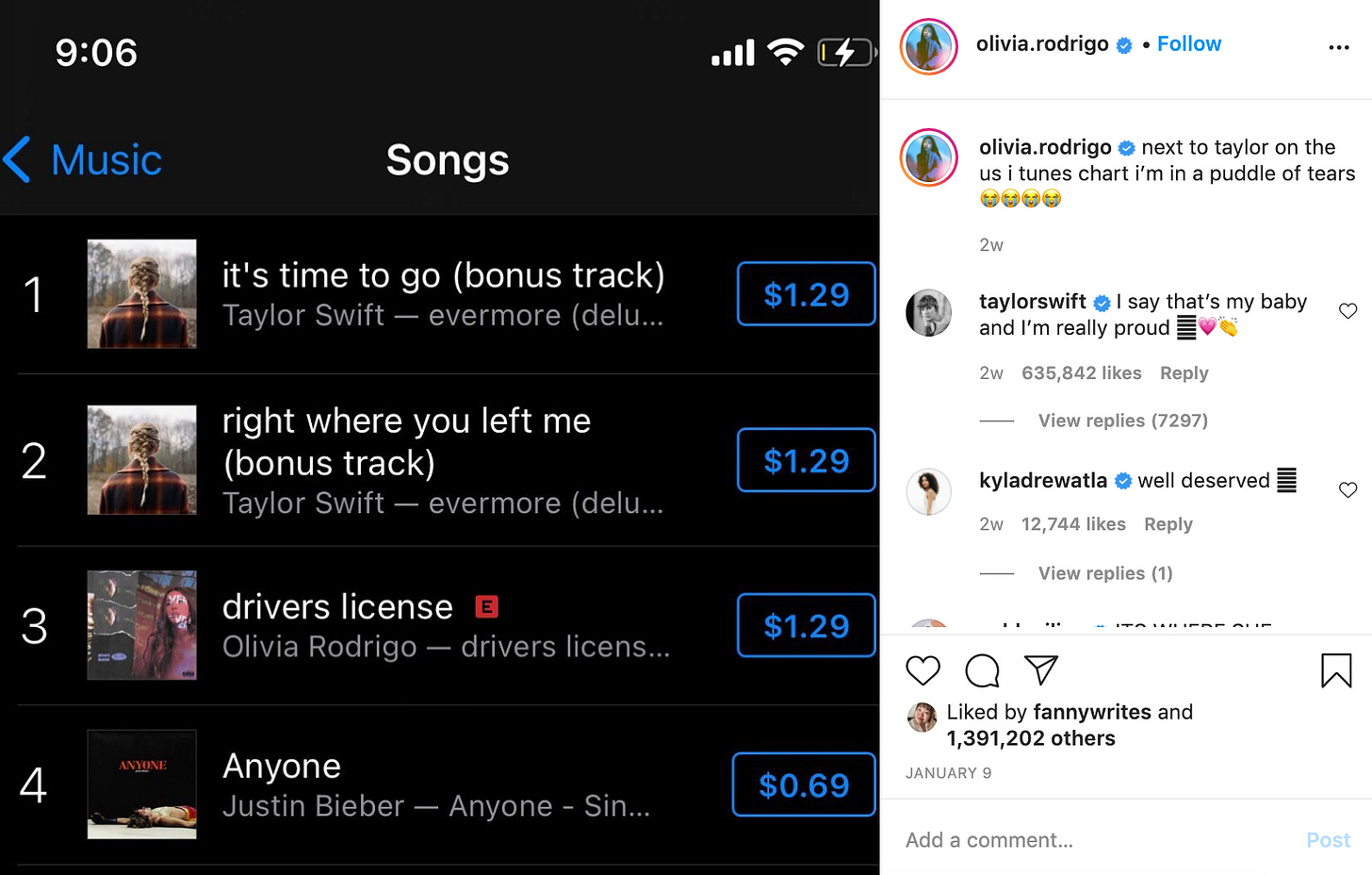 Screenshot of Olivia Rodrigo's Instagram post with Taylor Swift's comment