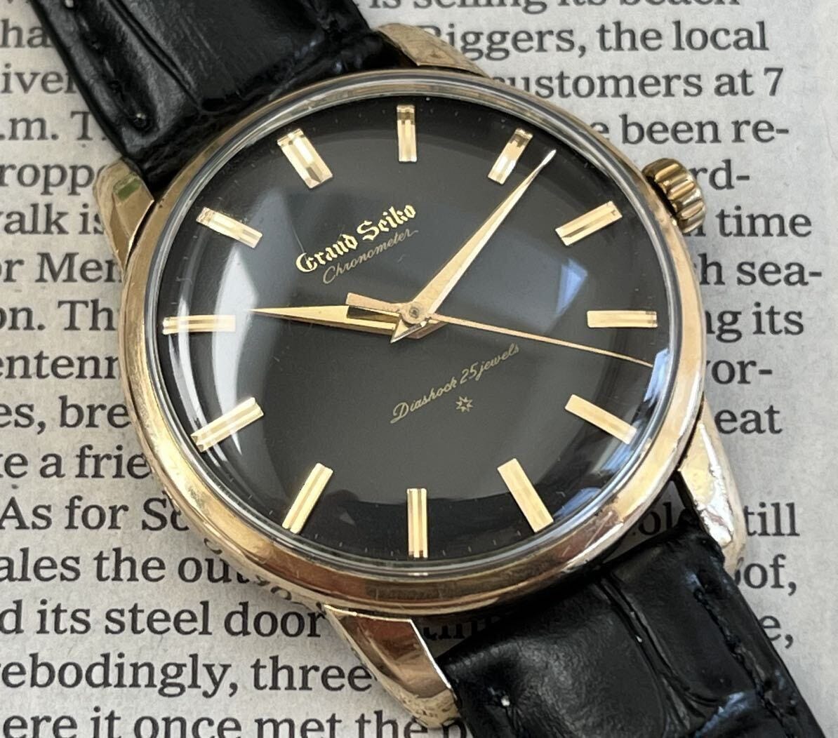SEIKO Grand Seiko First Model J14070 K14GF BlackDial Black Dial Chronometer Lion Medallion cal3180 S Mark Crown