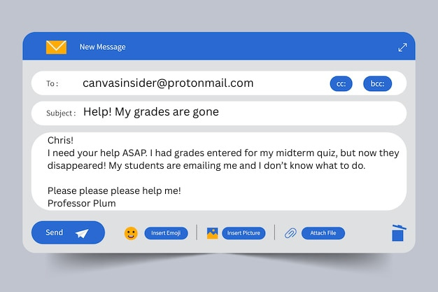 panicked email from a teacher stating their quiz grades have disappeared from their Canvas course.