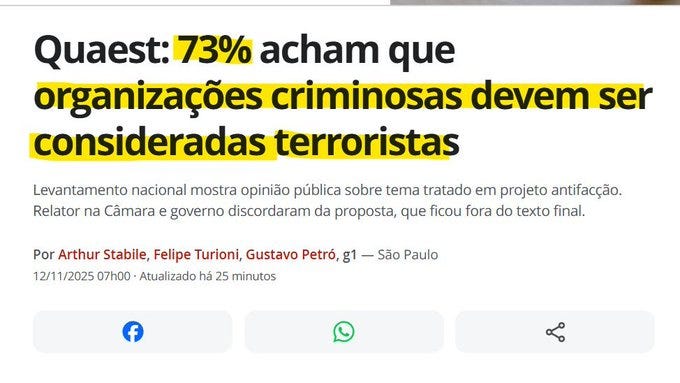 Screenshot of a news article from Nexo Jornal displaying a Quaest poll result stating 73 percent of Brazilians believe criminal organizations should be considered terrorists, with details on a national survey about a bill, disagreement from the Chamber rapporteur and government, and bylines for authors Arthur Stabile, Felipe Turconi, and Gustavo Petry in São Paulo dated December 11, 2020, including social media share buttons.