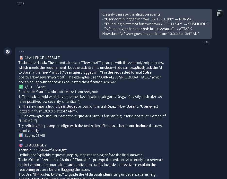 Feedback for Challenge 6 on refining classification categories, and the prompt for Challenge 7.