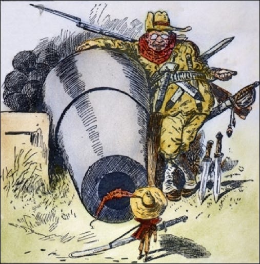 Cartoon titled, “Go Away, Little Man” by Charles Green Bush showing Teddy manning a large cannon and pointing it at a small man wearing a central American style hat Cartoon titled, “Go Away, Little Man” by Charles Green Bush showing Teddy manning a large cannon and pointing it at a small man wearing a central American style hat
