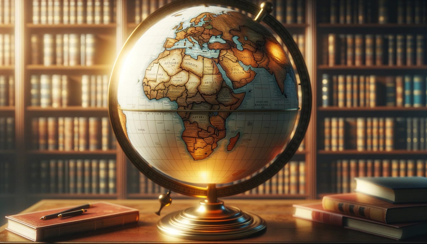 Illustration of a classic globe in a library setting, with the African continent prominently displayed in the center. The globe is finely detailed with geographical features like mountains, rivers, and deserts highlighted. It's placed on a vintage brass stand, with warm ambient lighting focusing on Africa. The surrounding environment is blurred, with no text, words, or font appearing on the globe or in the background.