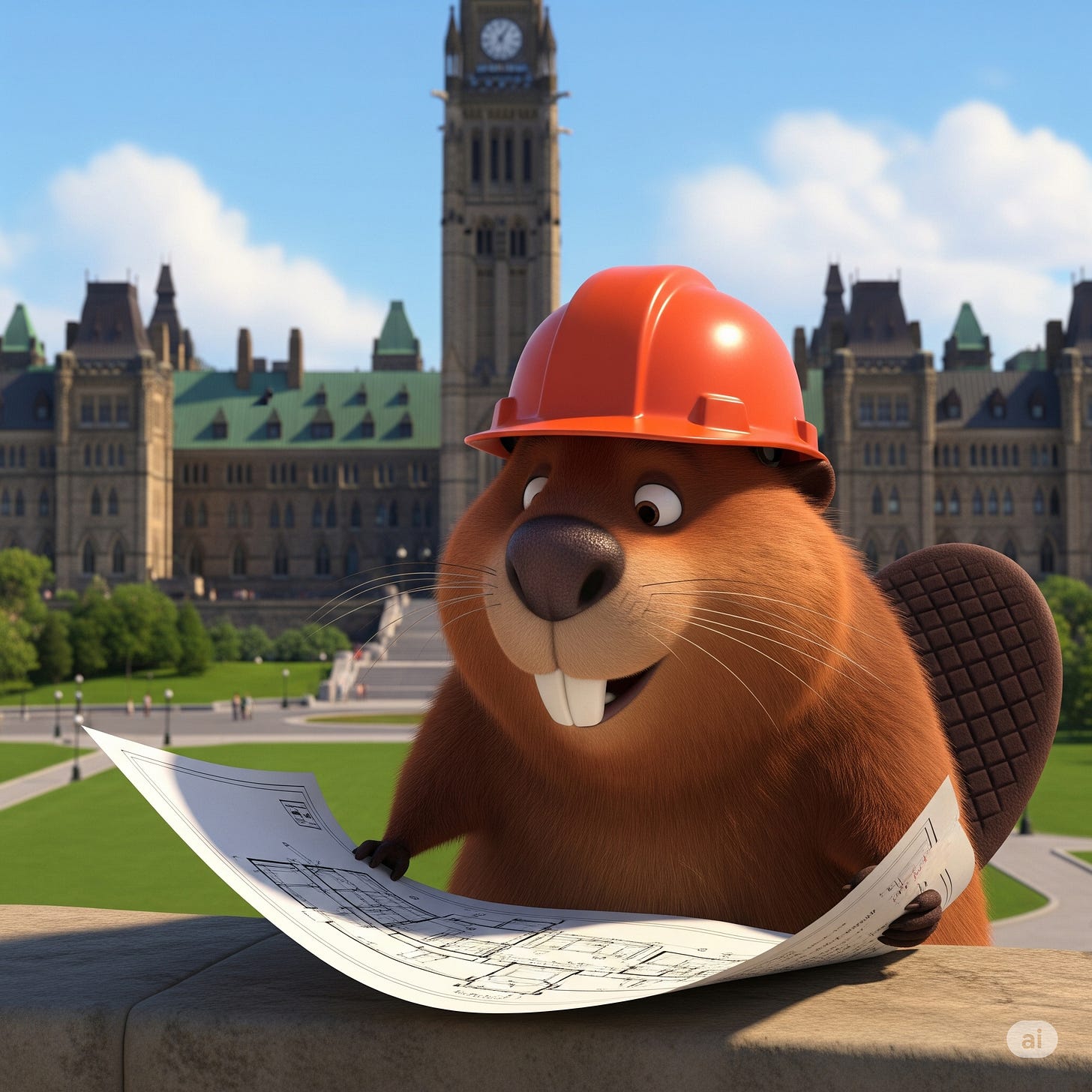 A friendly, Pixar-style cartoon beaver wearing a red construction hard hat looks over architectural blueprints while standing in front of the Canadian Parliament Buildings in Ottawa.