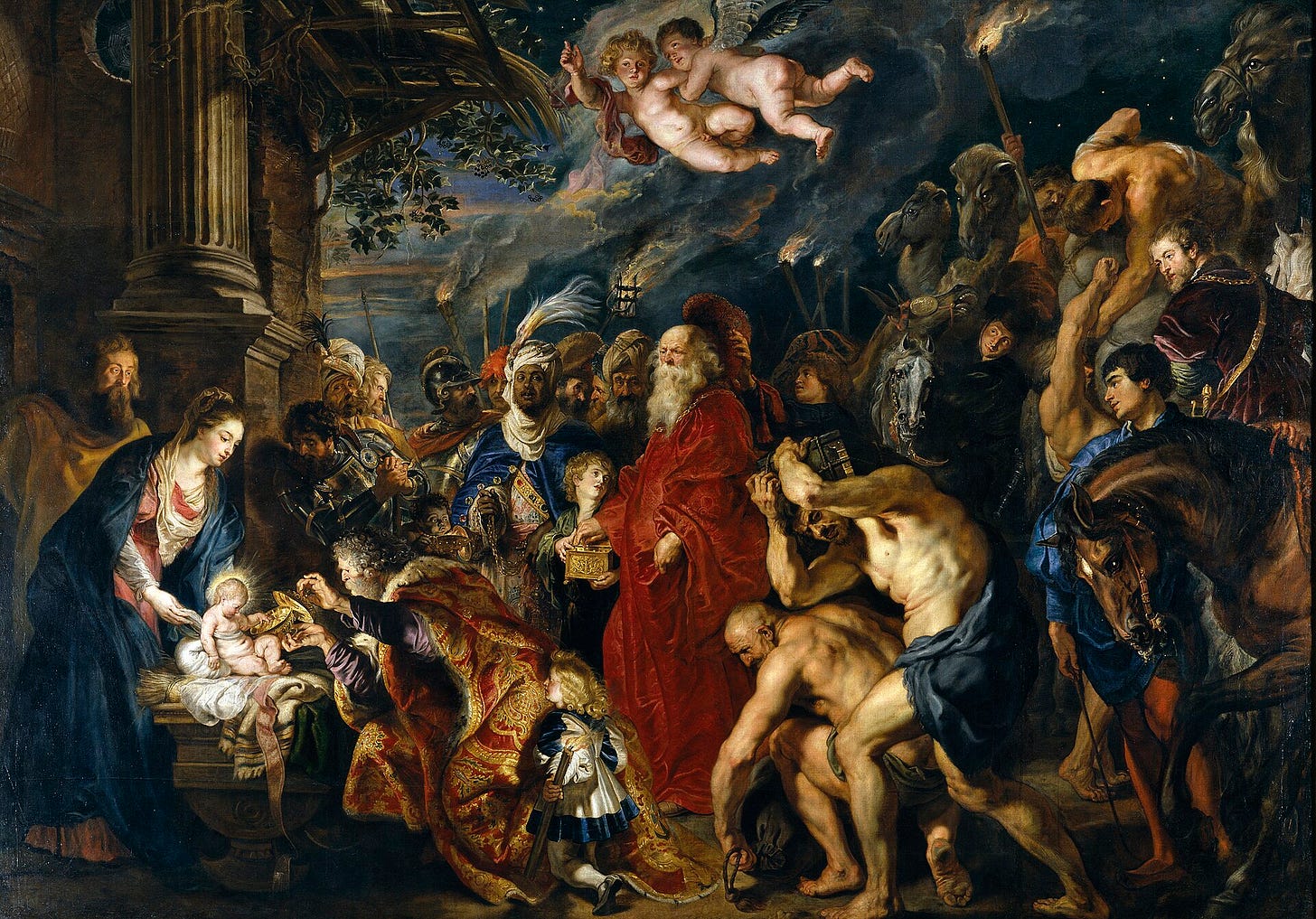 A huge crowded canvas: the Virgin holds the Child at the right, a kneeling old king and a richly dressed procession of kings, servants, soldiers and horses press toward them under torchlight.