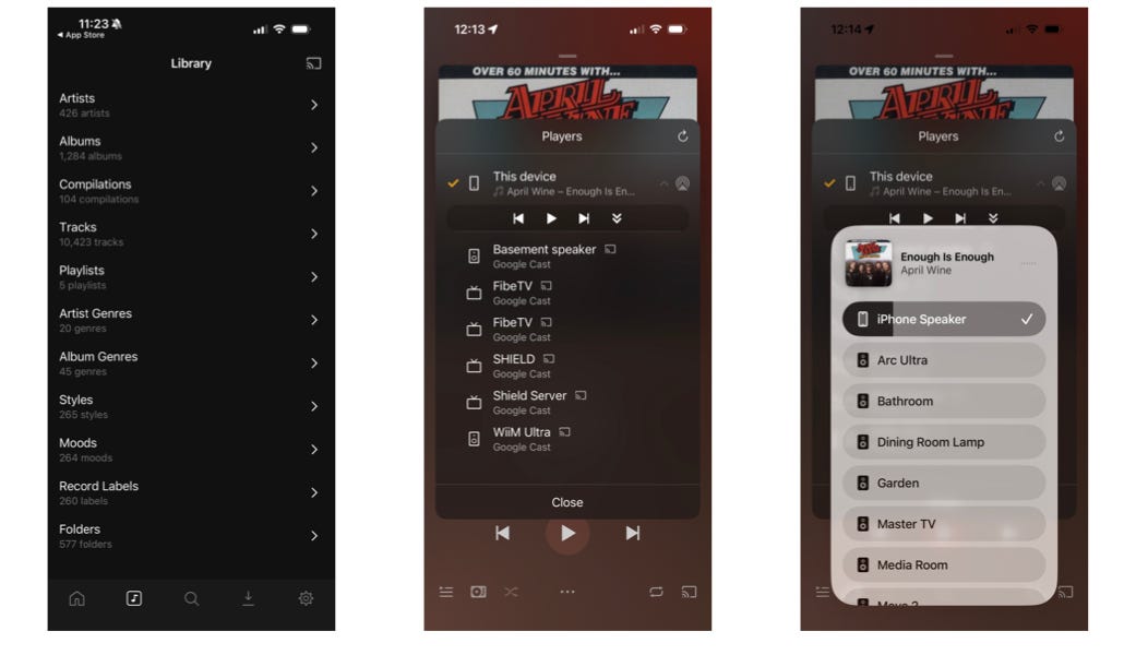 Three screenshots from the Plexamp app showing the Library and two casting options (AirPlay and Google Cast).