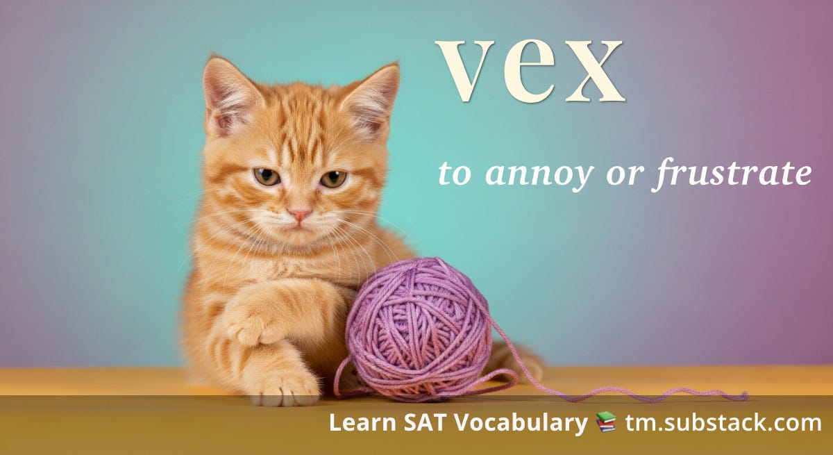 Illustration of a grumpy kitten with tangled yarn; used to illustrate the SAT word 'vex'.