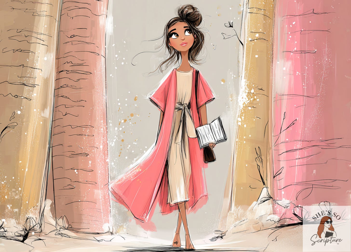 Modern spiritual illustration of a woman surrounded by symbols of learning and wisdom, with gentle sunlight and open Scripture, representing teachability and humility Modern spiritual illustration of a woman surrounded by symbols of learning and wisdom, with gentle sunlight and open Scripture, representing teachability and humility