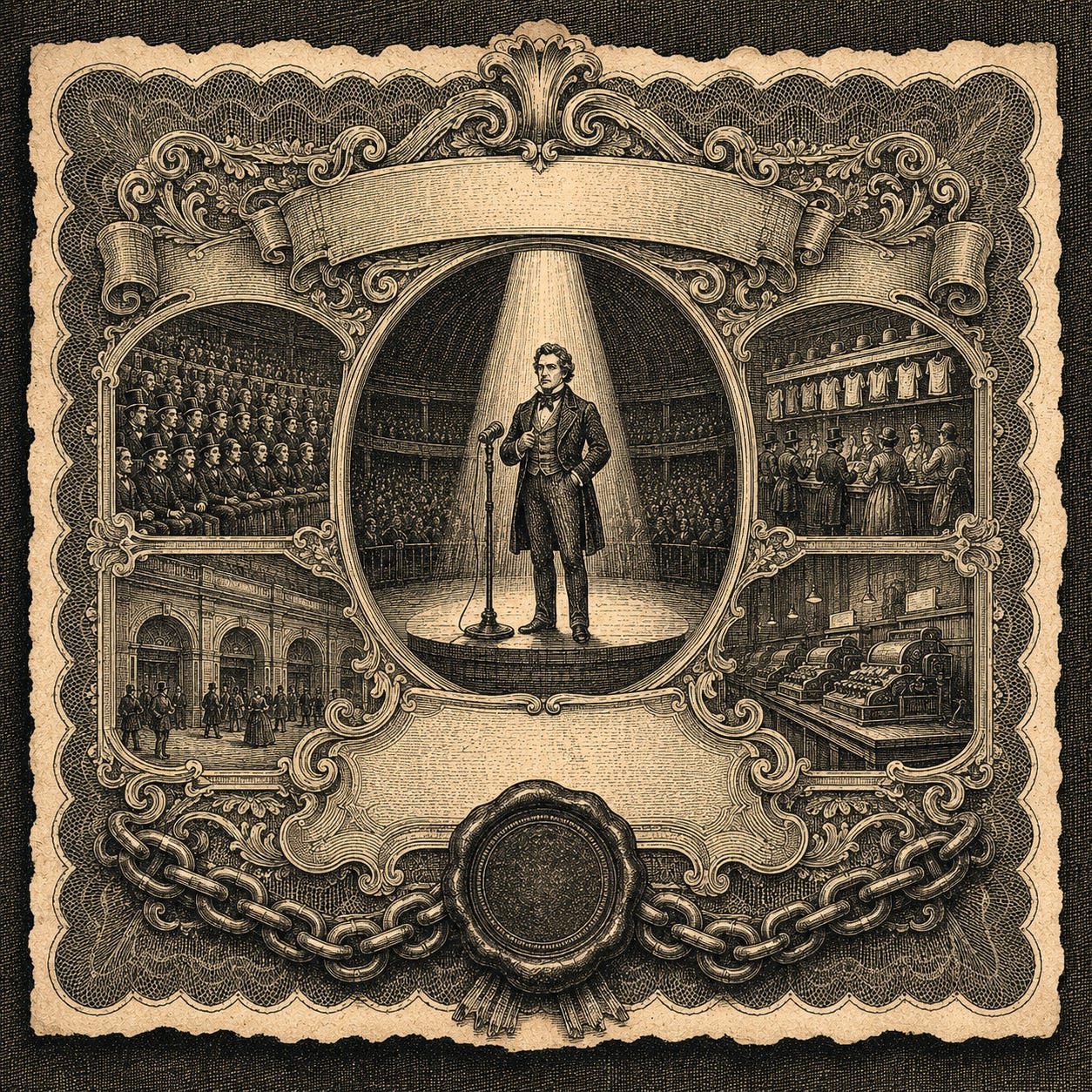 Wood-engraving editorial illustration in the Thomas Nast Harper's Weekly style for Attention Capital's essay The Sphere Is Collateral. A monumental iron-bound bond certificate is presented frontally, its central panel showing a single performer on a circular stage under a beam of light, surrounded by secondary panels depicting packed stadium seats, merchandise stands, arched venue entrances, and brass arithmometers tallying receipts, with a heavy wax seal and iron chain at the base. The image visualizes the tour ABS, the central thesis that Taylor Swift's Eras Tour and Beyoncé's Cowboy Carter Tour are unsecured equity proxies that should be senior secured against ticketing waterfall, supporting Attention Capital's argument for the tour bond as the next behavioral cash flow asset class.