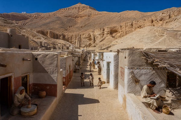 Title: The walled village of Deir el-Medina, nestled between desert cliffs - Description: The walled village of Deir el-Medina, nestled between desert cliffs Title: The walled village of Deir el-Medina, nestled between desert cliffs - Description: The walled village of Deir el-Medina, nestled between desert cliffs