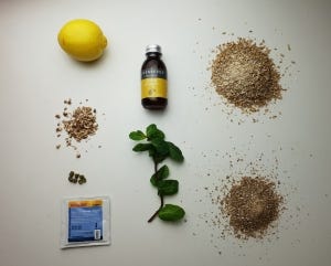image of all the ingredients in the mlat tonic, including barley malt, clamus root, hopts, lemon essence, a lemon, rye malt, spearmint