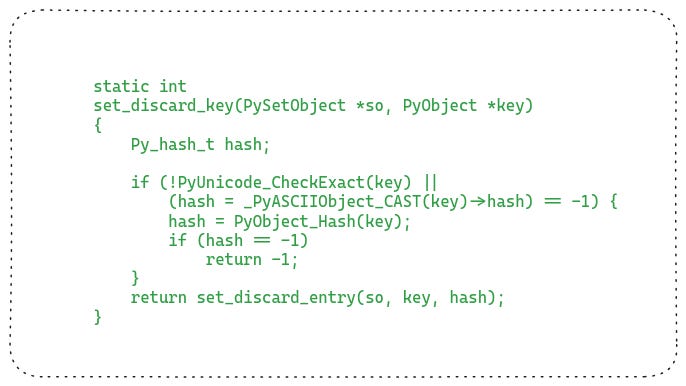 The set removal API implementation. First they compute the hash of the object and then call the real function to delete the object The set removal API implementation. First they compute the hash of the object and then call the real function to delete the object