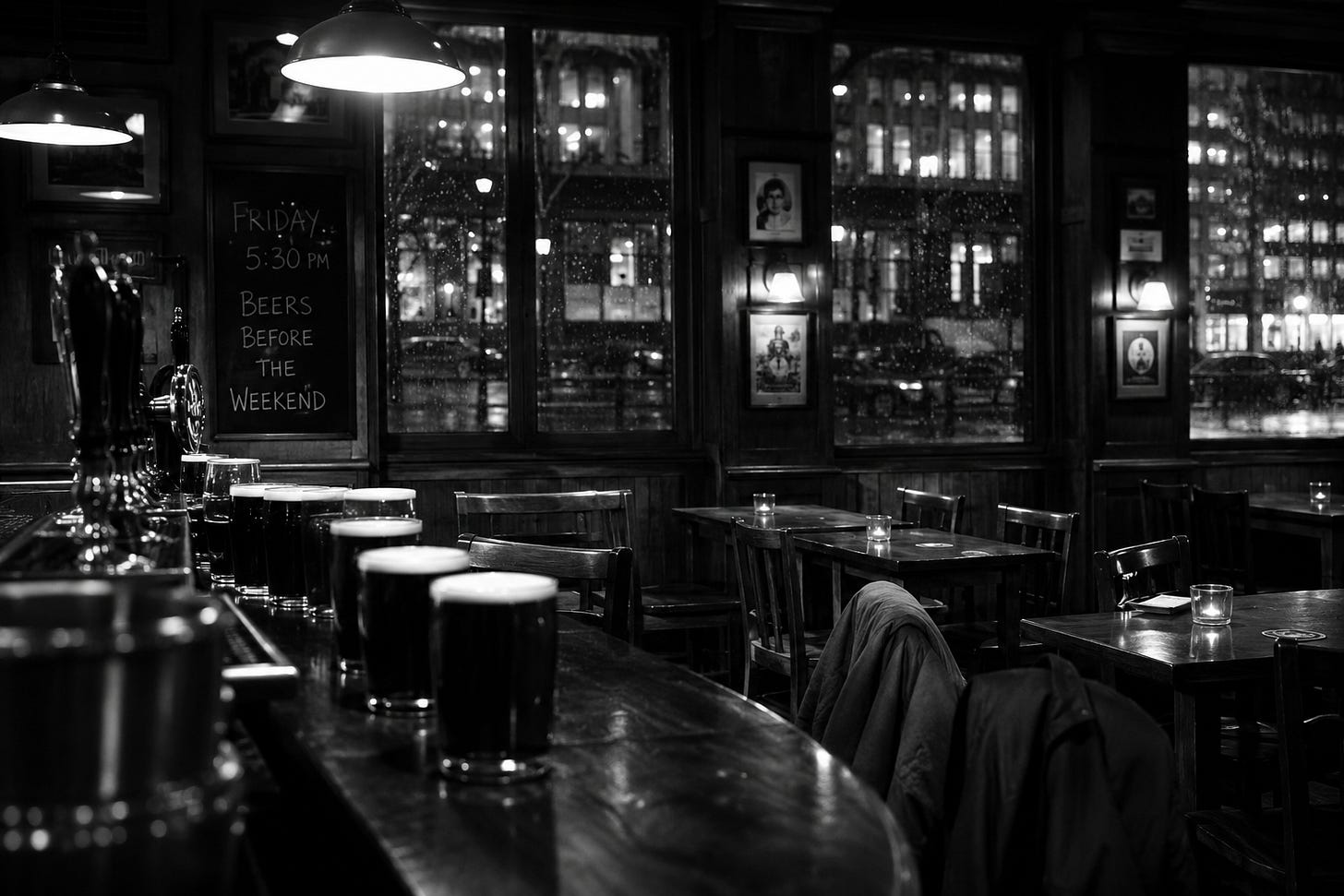 An atmospheric black and white photograph of an empty city pub at 5:30pm on a rainy Friday evening. Freshly poured pints line the polished wooden bar in the foreground, while empty tables and chairs sit beneath warm hanging lights. A couple of jackets are draped casually over chair backs, hinting at regular patrons yet to arrive. Rain-speckled windows reveal blurred office buildings glowing in the fading light outside. Deep shadows, subtle film grain, and strong contrast create a mood of nostalgia and anticipation. The scene evokes friendship, routine, youth, and the quiet belief that ordinary moments will last forever.