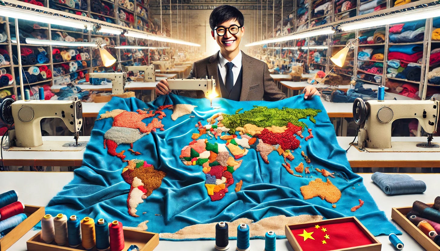A wide aspect ratio image depicting a world map made of cloth, being stitched together by a happy and proud Chinese garment factory worker. The worker is carefully sewing the fabric pieces to form the continents and countries. The background features a busy garment factory with modern machinery and stacks of fabric. The worker's workspace is well-organized, with various sewing tools and threads in different colors. The scene is vibrant and detailed, showcasing the worker's dedication and pride in his work while symbolizing global unity through the fabric map.