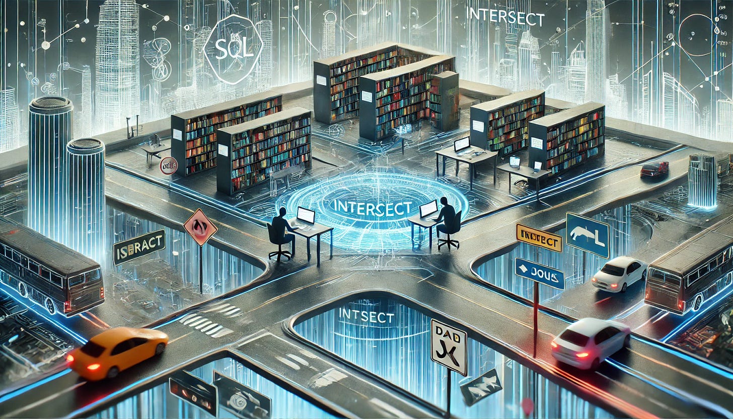 Futuristic library and traffic intersection symbolizing SQL joins and INTERSECT operations, with humans managing data tables.