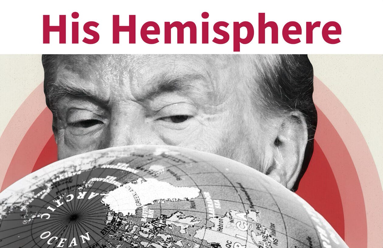 A person is partially visible behind a globe, gazing over the top. The globe displays portions of the Arctic and Greenland. The large text at the top reads "His Hemisphere." The background consists of concentric ovals in shades of beige and red. A person is partially visible behind a globe, gazing over the top. The globe displays portions of the Arctic and Greenland. The large text at the top reads "His Hemisphere." The background consists of concentric ovals in shades of beige and red.