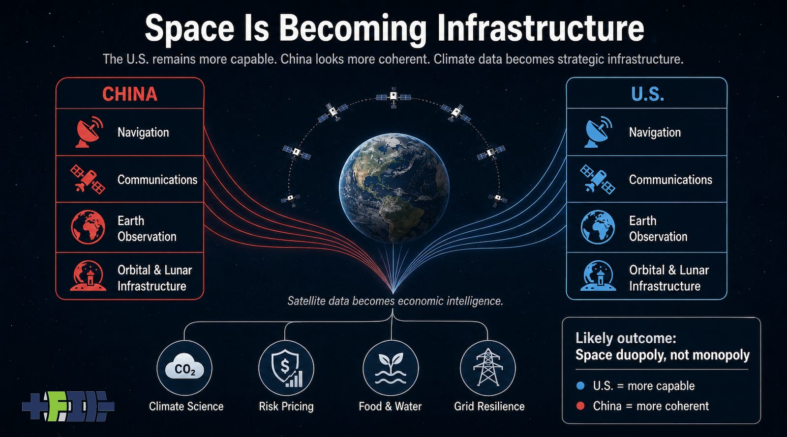 Infographic comparing U.S. and Chinese space systems as infrastructure for navigation, Earth observation, broadband and climate data. Infographic comparing U.S. and Chinese space systems as infrastructure for navigation, Earth observation, broadband and climate data.