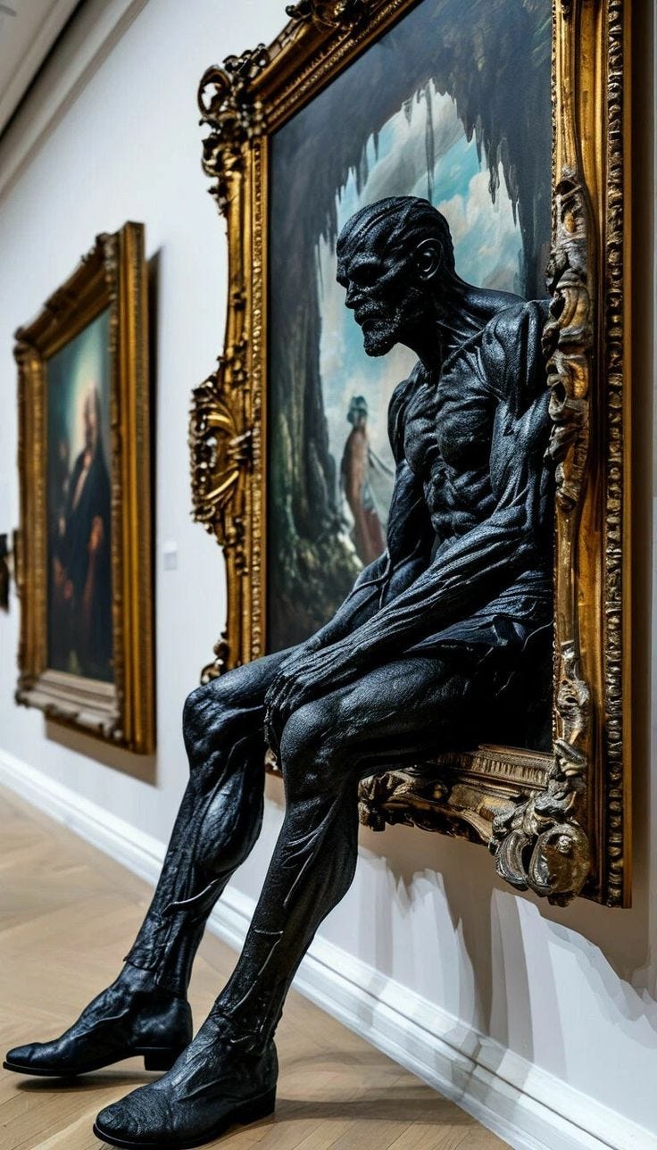 This may contain: a statue sitting on top of a wooden bench next to paintings