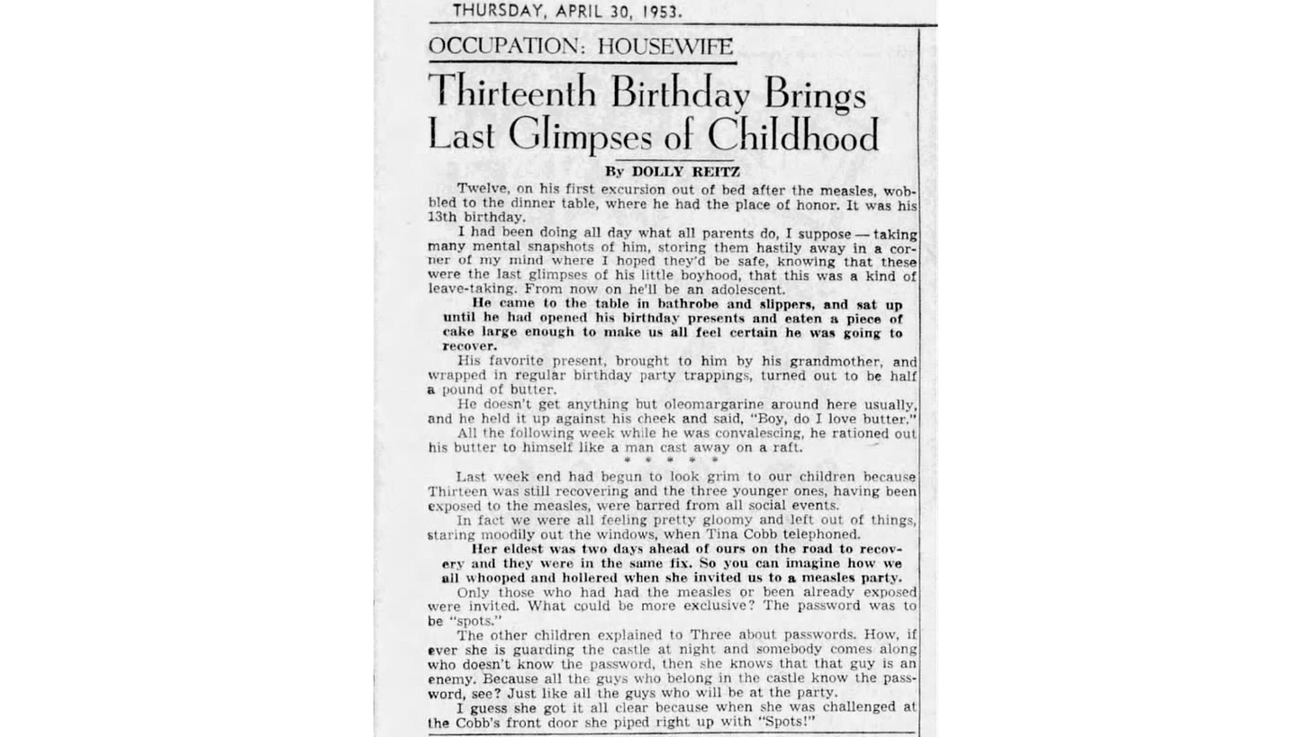 1953 family attending a measles party, showing the illness was considered mild and unthreatening. Children and parents appear happy and playful, with one child saying “We all whooped and hollered when she invited us to a measles party.”