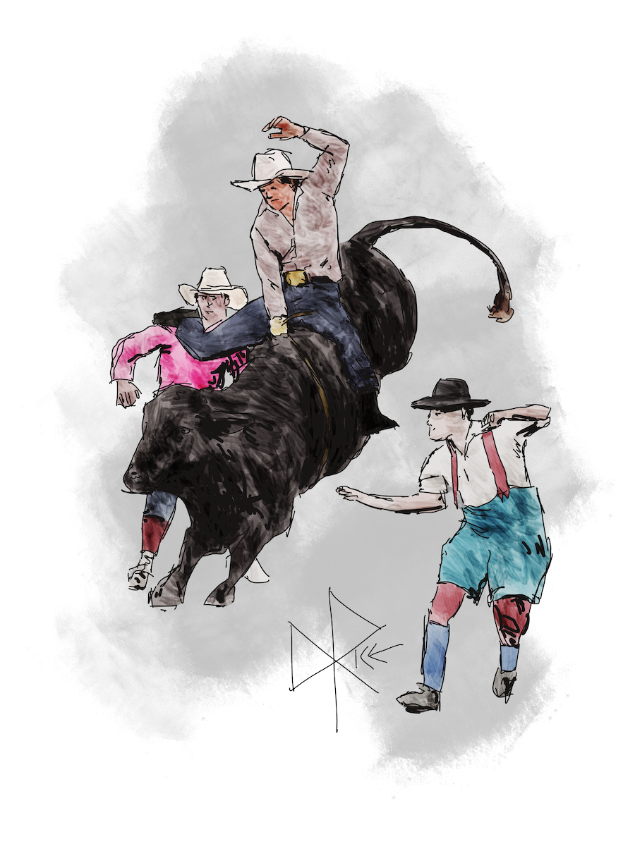 Two rodeo clowns prepare to distract the bull as the rider nears the conclusion of his ride. Sketch art by Don Rice.