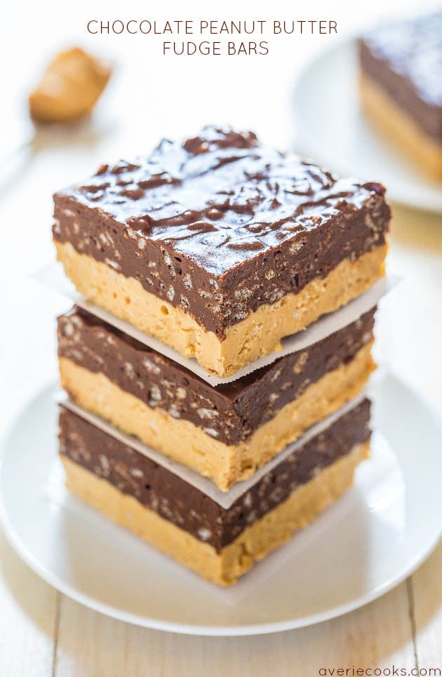 Chocolate Peanut Butter Fudge Bars โย Can't decide if you want PB or chocolate? Make these easy no-bake fudge bars! Chocolate + PB is sooo irresistible!! Chocolate Peanut Butter Fudge Bars โย Can't decide if you want PB or chocolate? Make these easy no-bake fudge bars! Chocolate + PB is sooo irresistible!!