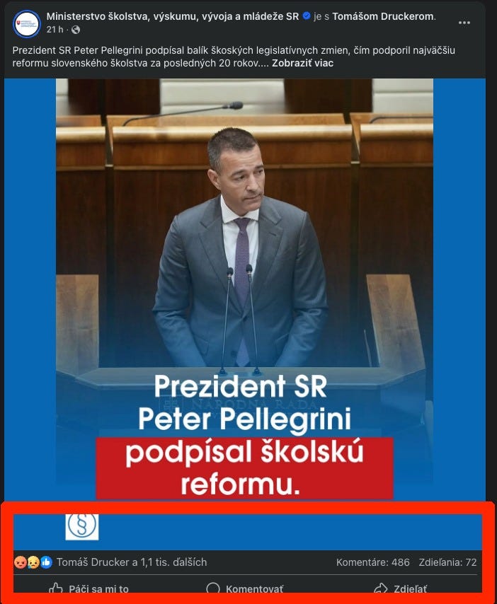 Na obrázku môže byť text, v ktorom sa píše „Ministerstvo školstva, vyskumu, vývoja a mládeže SR 21h Tomášom Druckerom. Prezident SR Peter Pellegrini podpisal balik škoských legislativnych zmien, čim podporil najväčšiu reformu slovenského nského školstva za poslednych 20 rokov... Zobrazit viac Prezident SR Peter Pellegrini podpísal školskú reformu. Tomáš Drucker 1tis. dalších Páčisamito Komentovat Komentáre: 486 Zdielania: Komentáre:486Zdielania: 72 Zdielat“