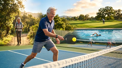 A man playing pickleball with a woman watching.