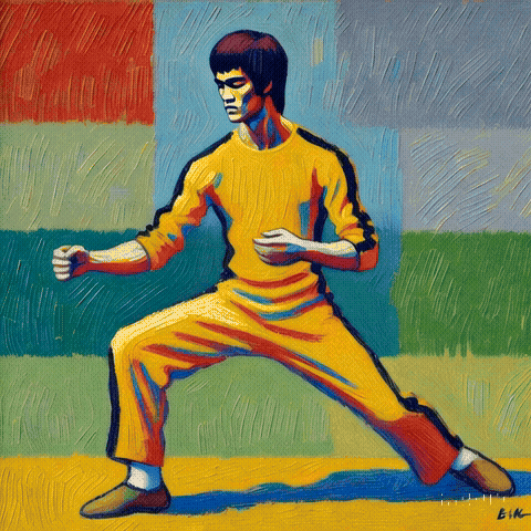 A stylized illustration of a martial artist in a yellow outfit, striking a pose with focused expression, surrounded by colorful abstract backgrounds.