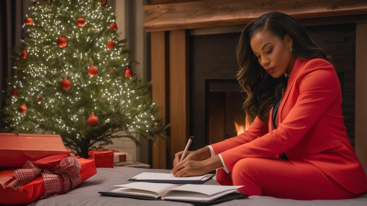 African American woman in peach sitting in an urban  room sitting on the bed in her bedroom 
while writing a letter with a wintry rain night Christmas tree by fireplace with red business suit
