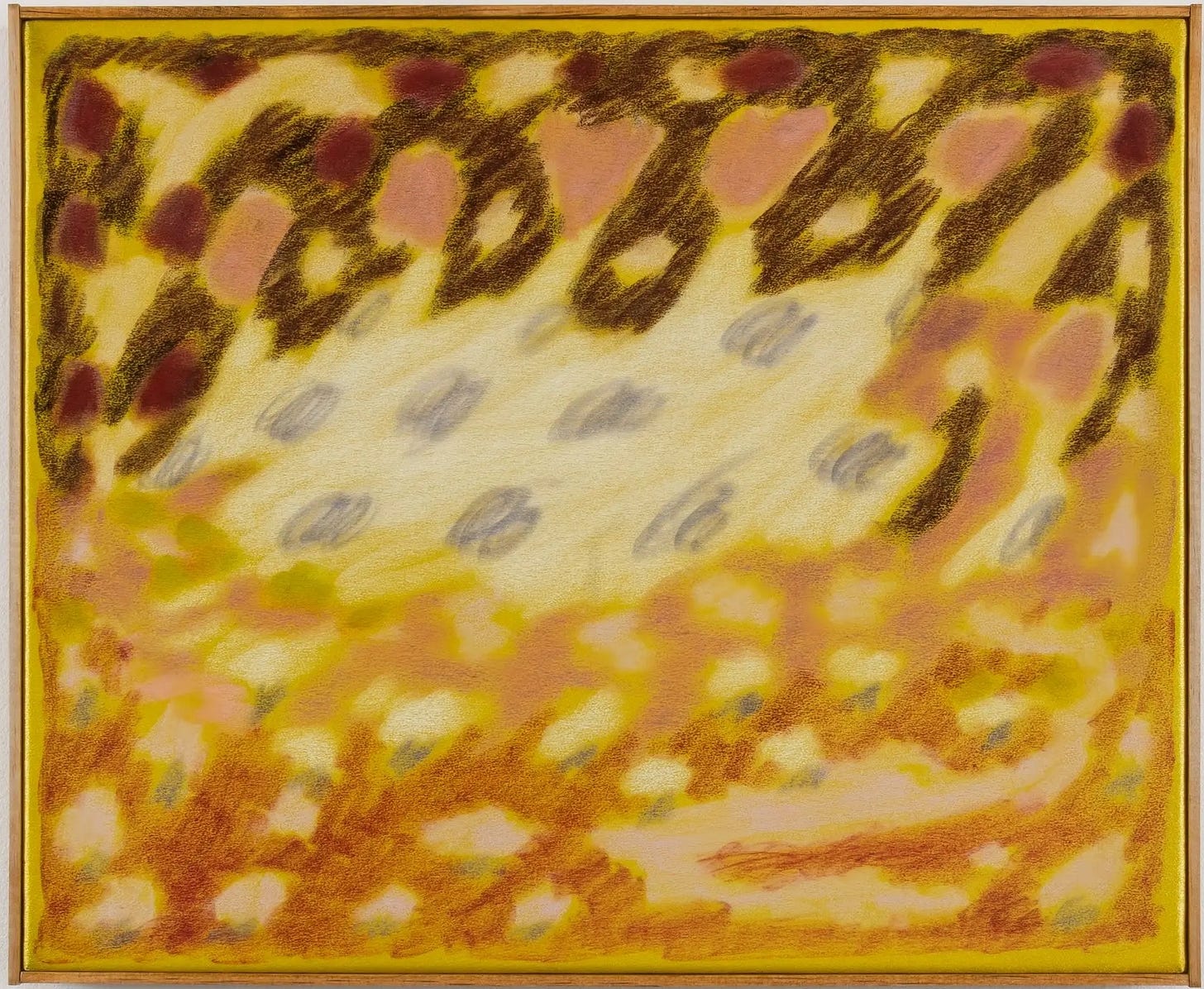 Larissa Lockshin, Untitled (Walk With Me), 2025. Oil and soft pastel on dyed yellow satin: brown and dark red leopard-like shapes across the top, pale grey looped marks through the middle, and warm orange and yellow dabs below, in a thin wooden frame. Larissa Lockshin, Untitled (Walk With Me), 2025. Oil and soft pastel on dyed yellow satin: brown and dark red leopard-like shapes across the top, pale grey looped marks through the middle, and warm orange and yellow dabs below, in a thin wooden frame.